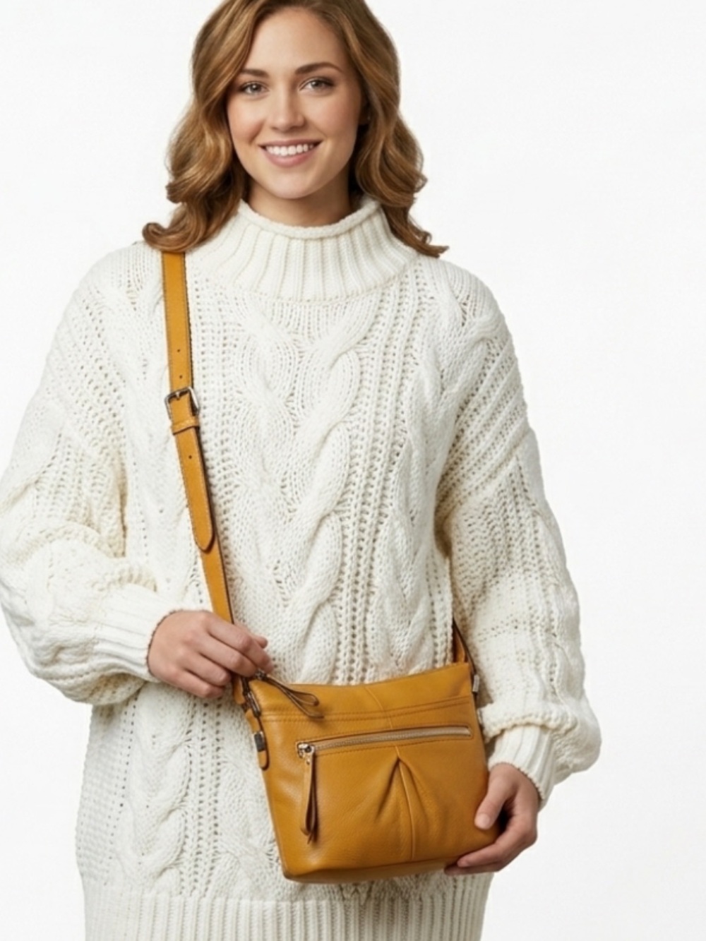 B. Makowsky Mustard Yellow Soft Pebbled Leather Crossbody Bag Purse